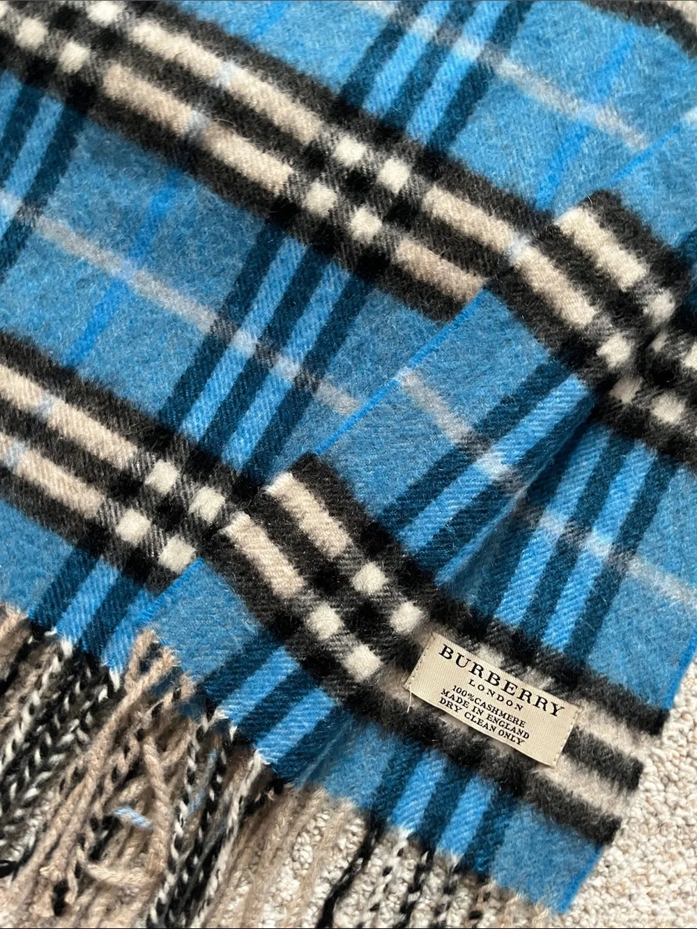 Burberry Blue and Black Plaid Cashmere Scarf